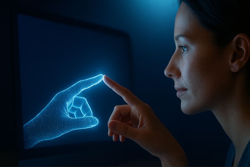 woman and AI pointing at screen